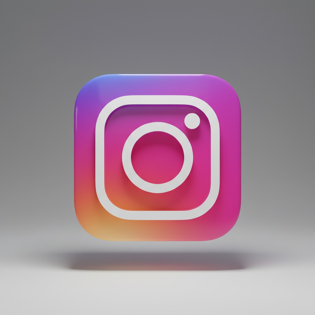 A 3D-rendered Instagram logo icon with a gradient purple, pink, and orange background floats against a neutral gray surface.