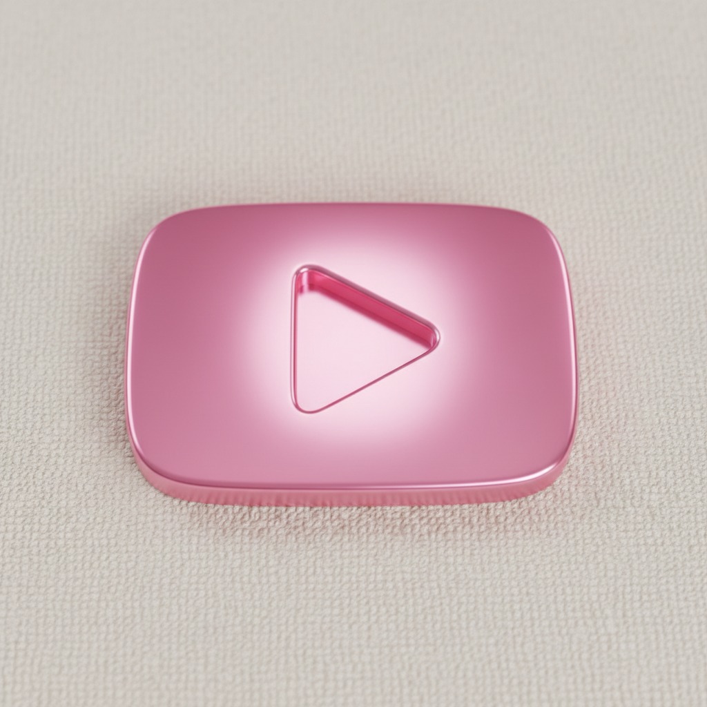 A metallic pink YouTube play button icon sits on a textured beige surface.